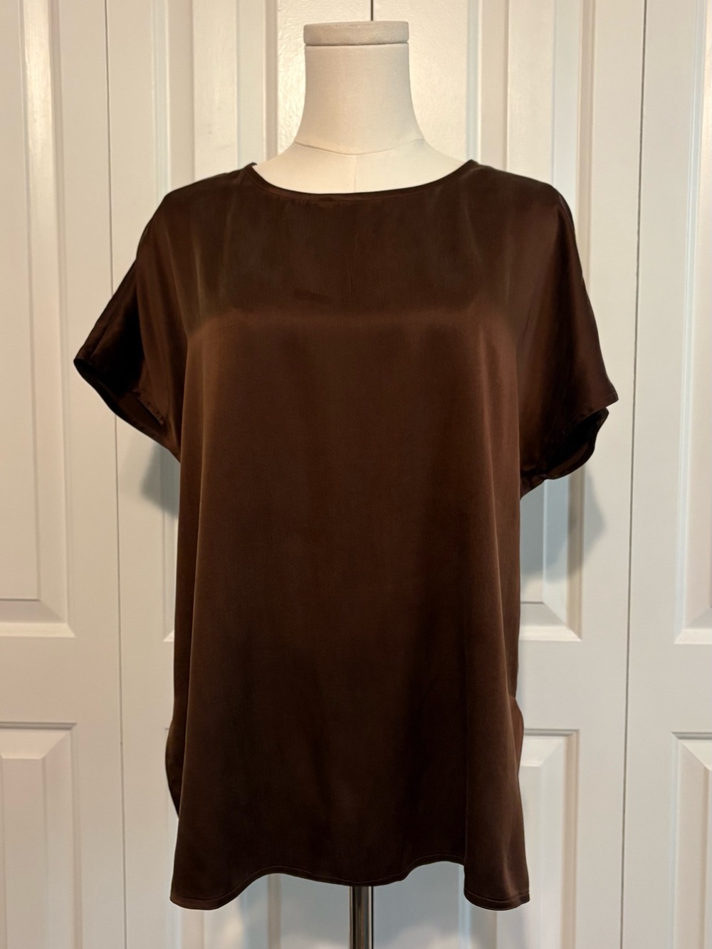 90s Vintage JAEGER 100% Silk Minimalist Tee Blouse Espresso Brown, Medium